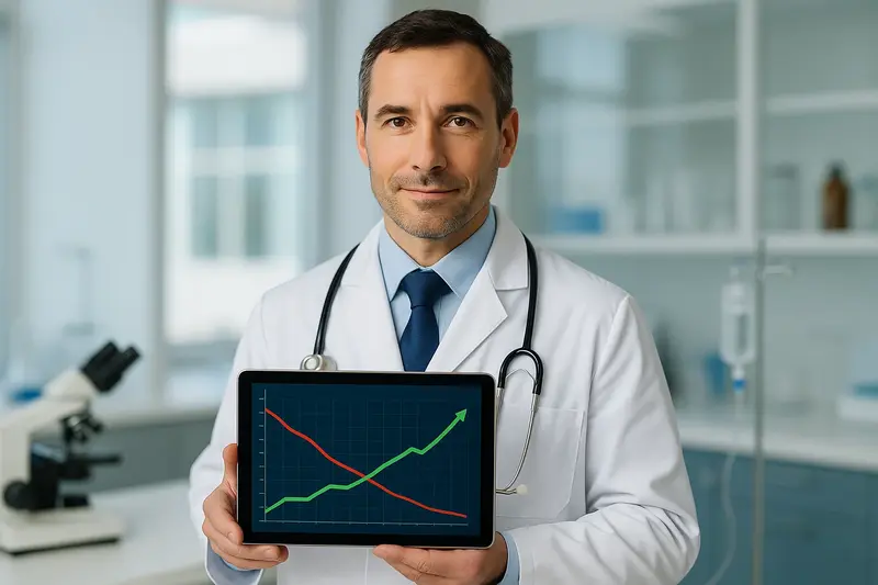 A medical professional in a lab coat observing a graph on a tablet showing positive clinical data, such as a decrease in mortality and an increase in T-cell counts, associated with Thymosin Alpha-1.