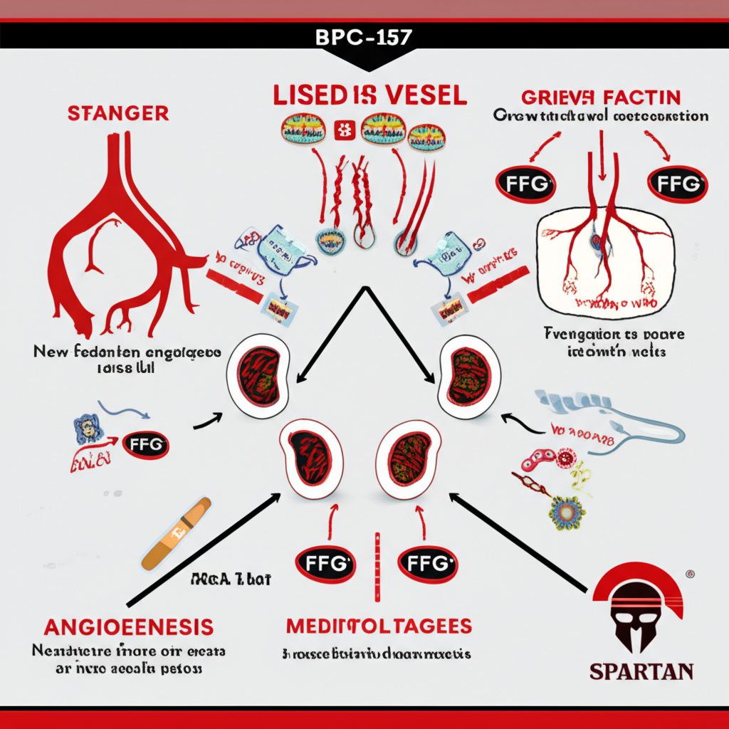Diagram showing BPC-157 mechanisms of action including angiogenesis and growth factor modulation