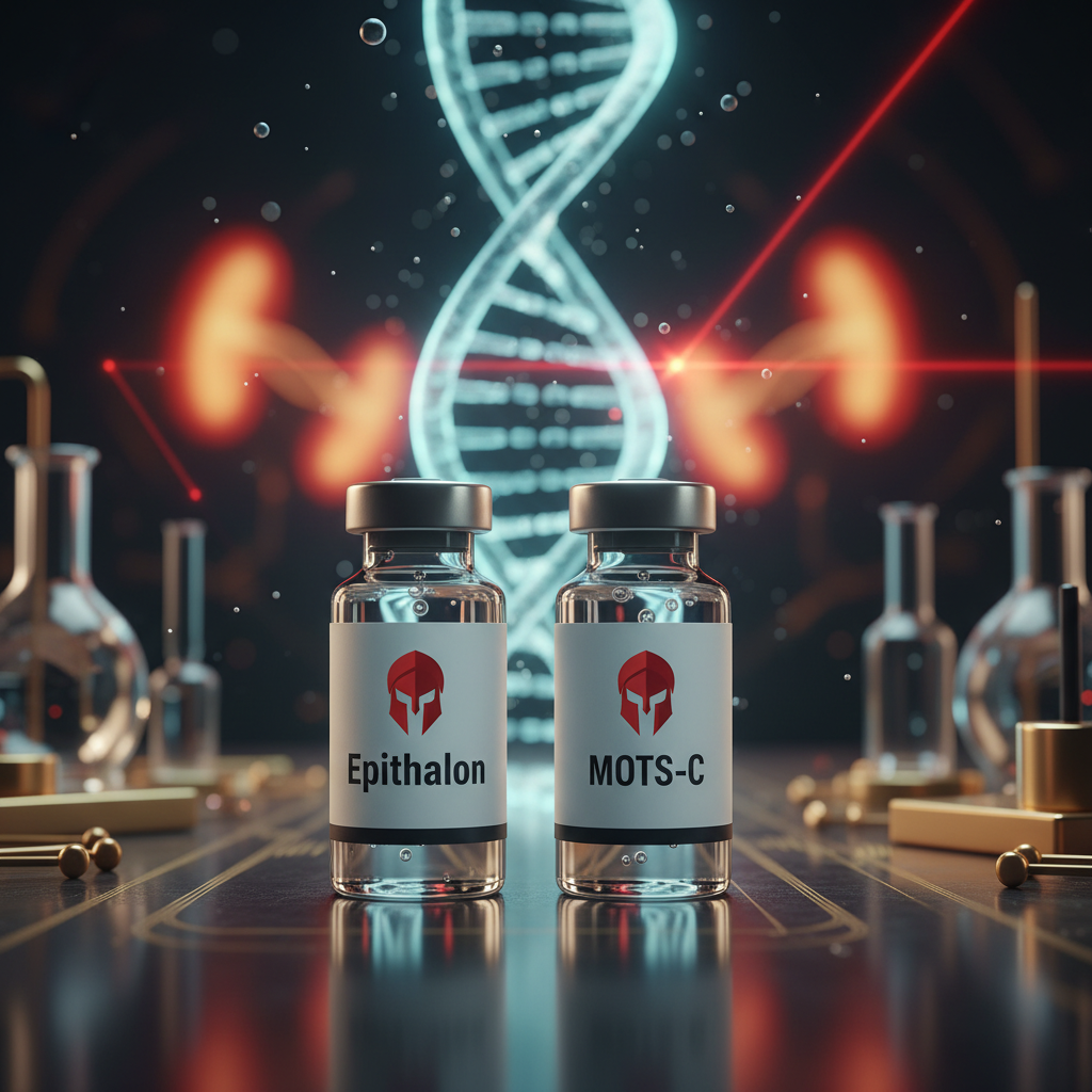 Epithalon and MOTS-C branded Spartan Peptides research vials for cellular aging and longevity research