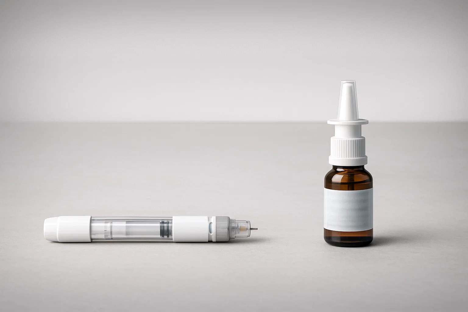 A small, pre-filled subcutaneous injection pen next to a labeled nasal spray bottle, showing two distinct delivery methods for PT-141 peptide on a neutral, clinical background.