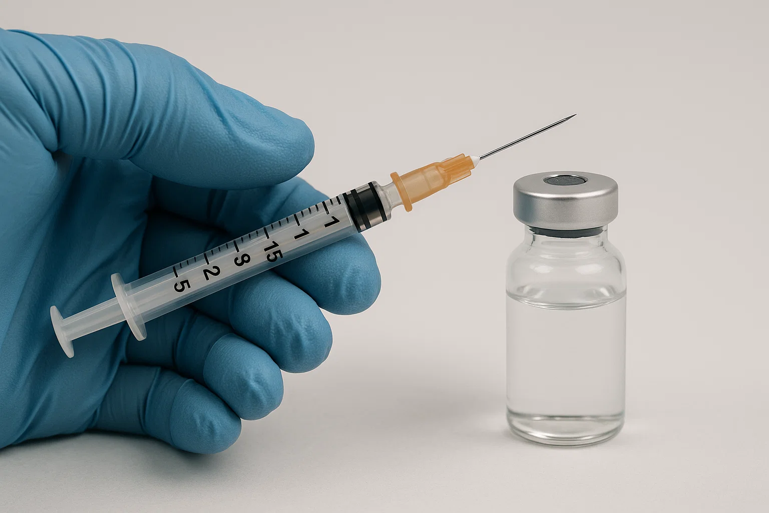 Close-up of a hand in a blue nitrile glove holding a syringe near a clear glass peptide vial.