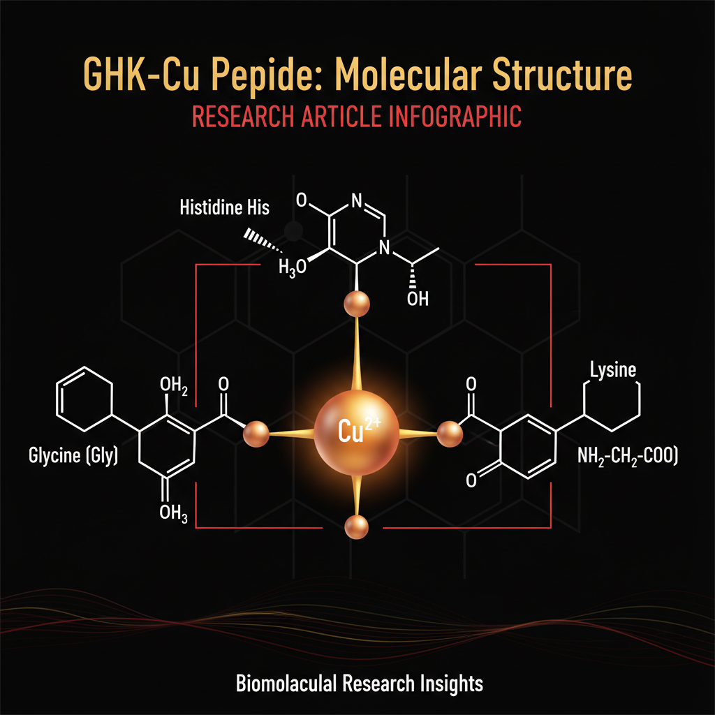 GHK-Cu molecular structure diagram showing Glycine-Histidine-Lysine tripeptide with copper ion coordination