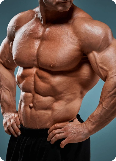 A close-up of a muscular man's torso and arms, showing well-defined abs and chest muscles, labeled as musc-adv1.