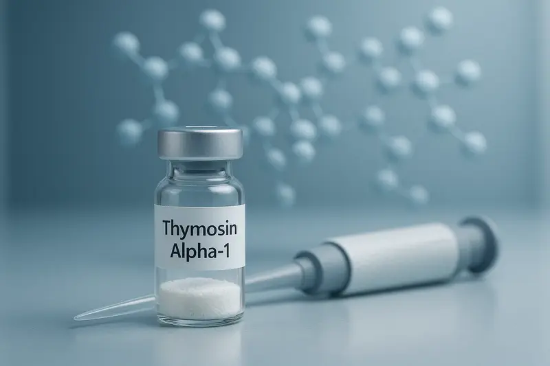A high-quality photo of a vial labeled "Thymosin Alpha-1" containing white lyophilized powder, with a blurred background showing a detailed molecular model of the peptide.