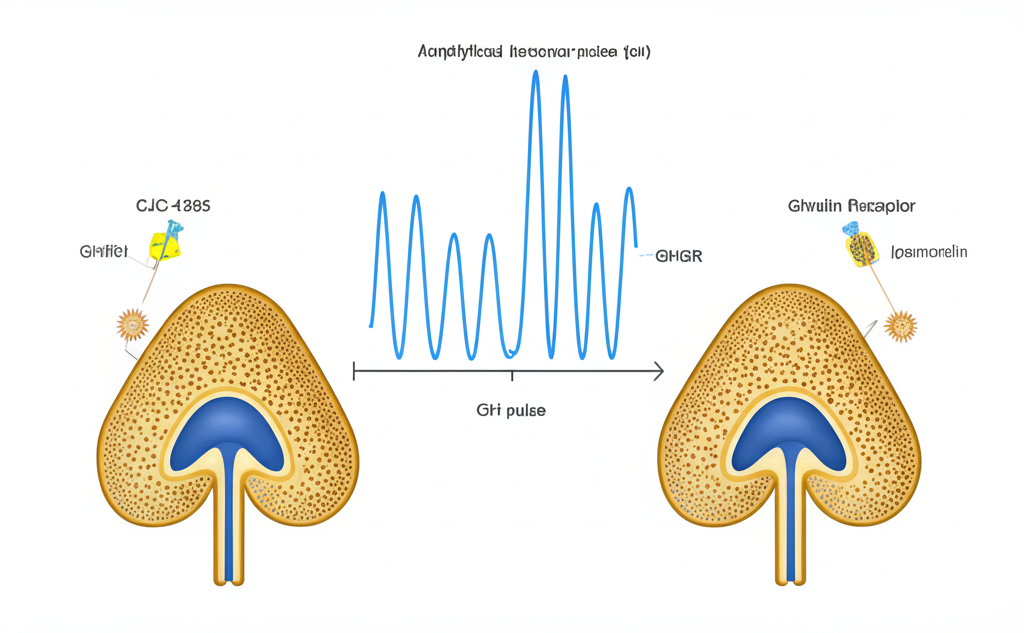 Mechanism diagram showing CJC-1295 and Ipamorelin synergistic growth hormone release pathway