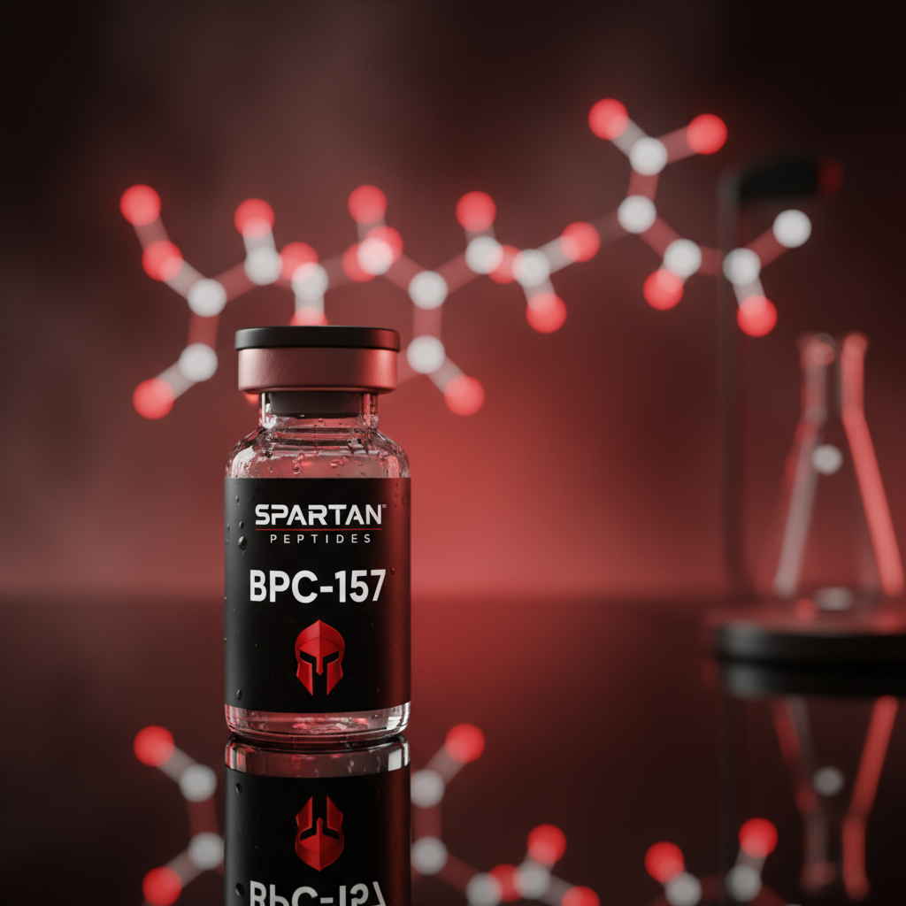 BPC-157 branded Spartan Peptides research vial with Spartan helmet logo for tissue repair and recovery research
