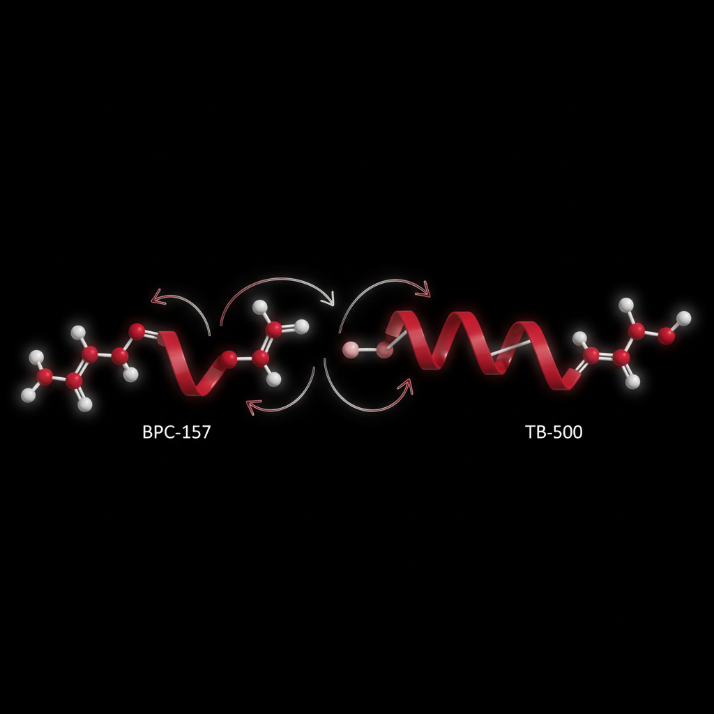 BPC-157 and TB-500 peptide molecular structure visualization showing complementary tissue repair mechanisms with red and black color scheme