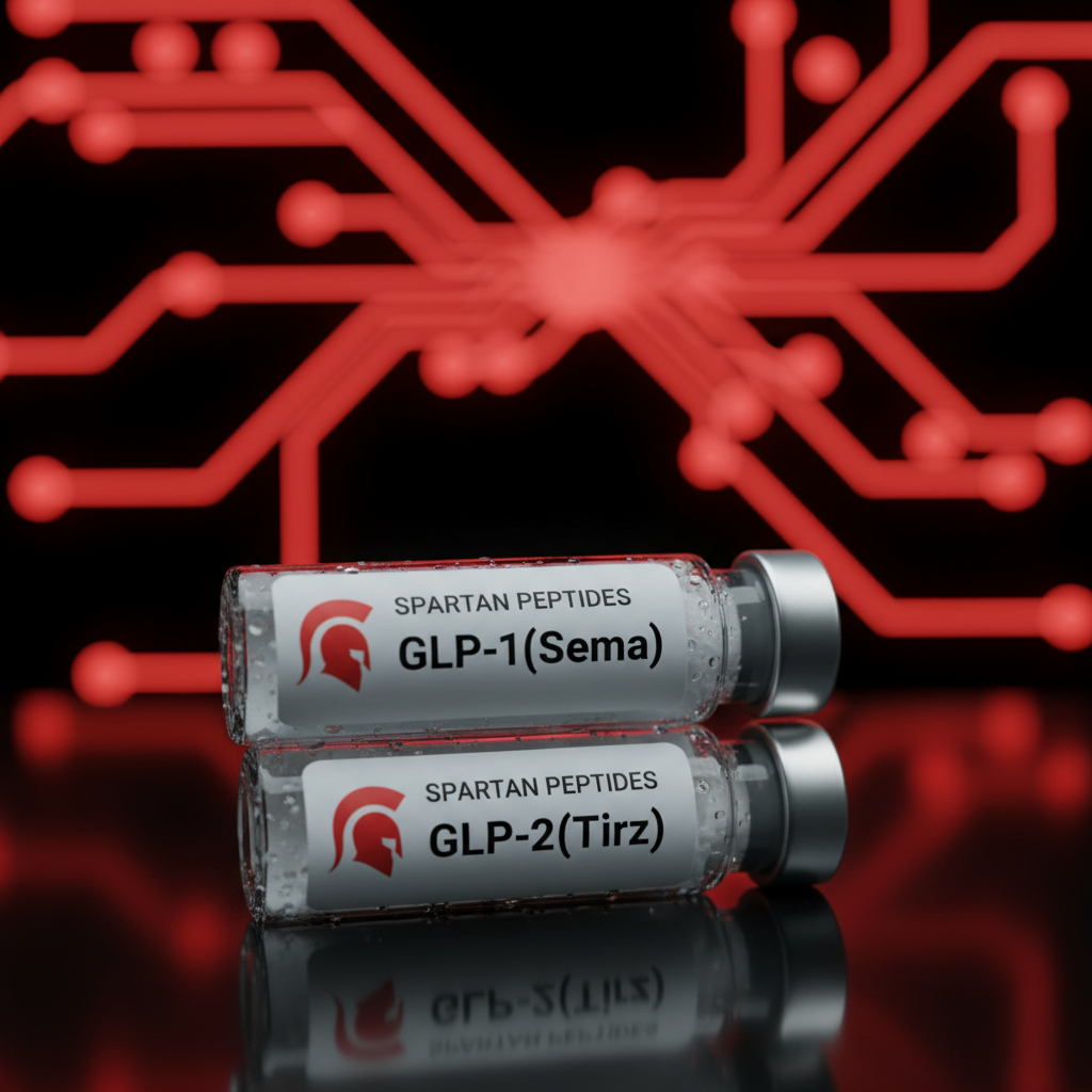 GLP-1(Sema) and GLP-2(Tirz) branded Spartan Peptides research vials for incretin mechanism comparison