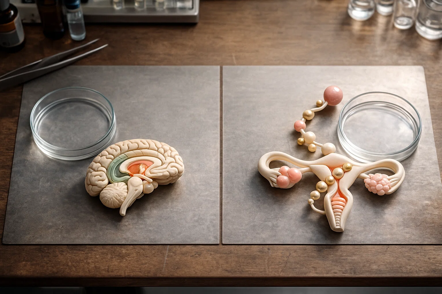 Two petri dishes on a lab bench: one labeled PT-141 with a brain model, and the other Kisspeptin with a stylized hormonal/reproductive symbol, illustrating their distinct action mechanisms.