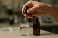 A hand using a dropper to add a precise dose of liquid from a vial into a glass of water.