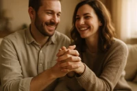 A warm, close-up photo of a man and a woman's hands intertwined, symbolizing shared support and hope.