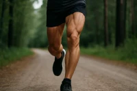 Close-up of an athlete's muscular legs in motion during exercise, highlighting physical endurance and strength.