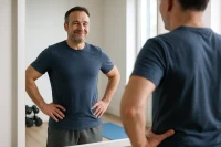 Person looking confidently at their reflection in a mirror, symbolizing successful weight management and fitness.
