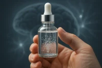 A hand gently holding a vial containing peptides, with a subtly visible brain silhouette in the background, symbolizing their impact on neuroprotection.