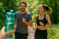 Fit man and woman jogging outdoors, symbolizing active lifestyle and wellness.