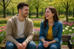 A vibrant image of two friends laughing and talking on a park bench surrounded by flowers on a sunny day. It symbolizes social connection, restored health, and a positive outlook for the future.