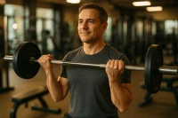 A man in a gym, lifting weights with a focused and confident expression, representing improved body composition.