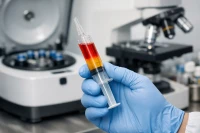 A healthcare professional holding a syringe containing concentrated stem cell preparation, illustrating the more invasive and complex nature of stem cell therapy compared to peptide injections.