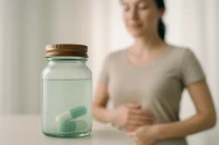 Woman holding her stomach with relief after using gut health supplements.
