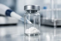 High-purity lyophilized peptide powder in a sterile glass vial, representing the targeted signalling molecules used in peptide therapy for regenerative health.