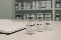 An image of three glass vials labeled 'KISSPEPTIN', 'BPC-157', and 'MOTS-c' on a clean laboratory counter.