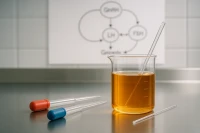 A close-up photo of laboratory equipment, showing a beaker with a golden liquid and two pipettes on a stainless steel surface. A blurred scientific diagram is in the background.