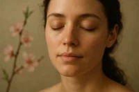 A close-up, soft-focus image of a woman's serene face with a subtle, blooming floral motif in the blurred background.