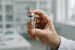 A close-up, hopeful image of a hand gently holding a small glass vial containing a clear peptide solution, symbolizing scientific innovation and the promise of a new therapeutic approach for autoimmune conditions.