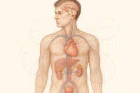 Diagram of the human endocrine system, showing the interconnected network of glands and signaling molecules.