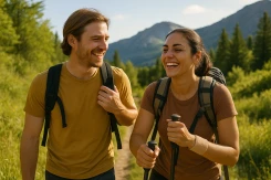 A man and a woman hiking on a sunny trail. The man has a small sports bandage on his knee but looks happy and active, symbolizing recovery and a return to physical activity after an injury or chronic condition.