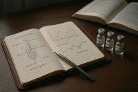 A realistic flat-lay of a research desk with notes on hormone optimization, diagrams, and three labeled peptide vials.