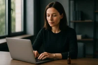 Person calmly focused on laptop, illustrating enhanced mental performance and reduced anxiety with Semax and Selank