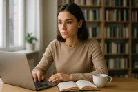 A young person focused on a laptop with a brain diagram, representing mental clarity and brain health.