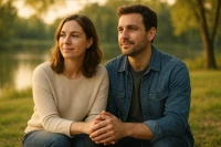 A man and a woman sitting together in a peaceful, natural setting, holding hands, symbolizing fertility and hope.