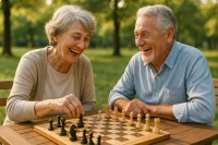 Two older adults actively engaged in conversation and a board game, symbolizing sustained cognitive health and vitality.