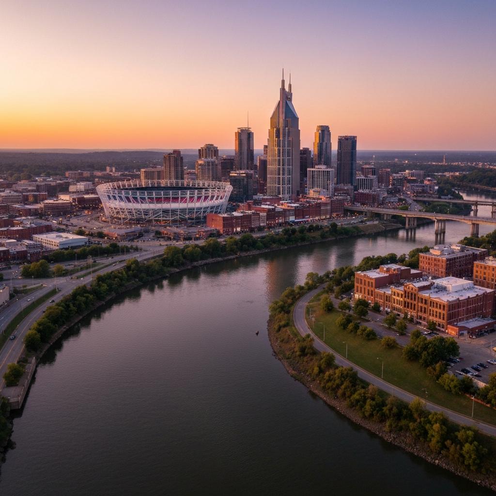 Bentonville Arkansas skyline at golden hour with Crystal Bridges Museum, corporate executive wellness and biohacker community