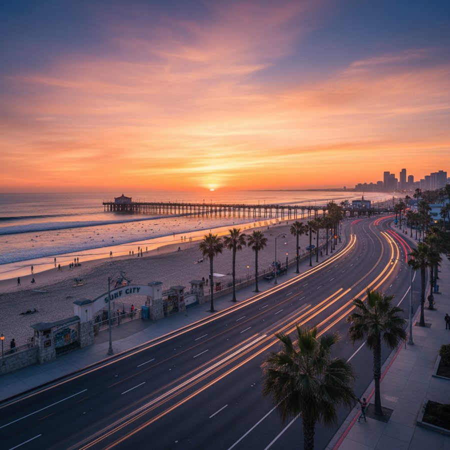 Huntington Beach, California city skyline, Spartan Peptides research compounds available for delivery