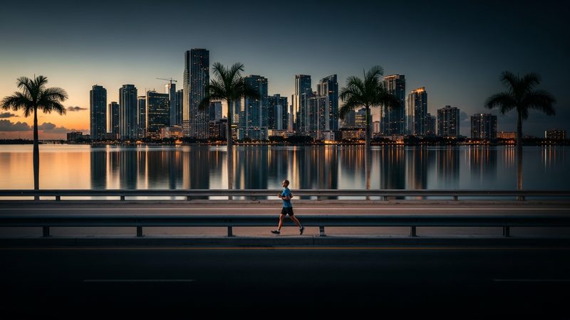 Athlete running along Biscayne Bay at dawn with the Miami skyline — Florida wellness and anti-aging community