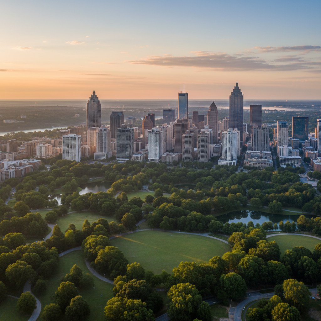 Atlanta Georgia skyline at dawn with Piedmont Park — Southeast wellness and biohacker research community