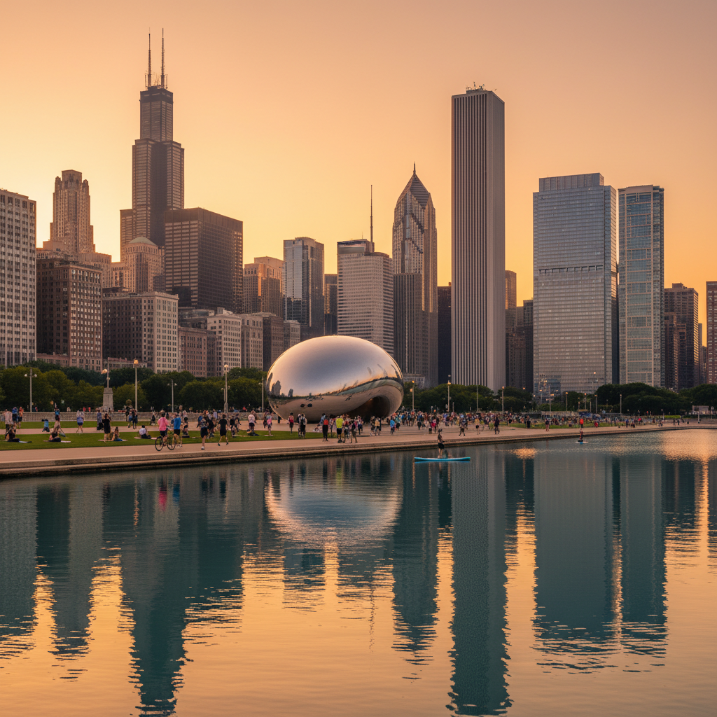 Chicago Illinois skyline at golden hour reflected in Lake Michigan — Midwest medical research and wellness community