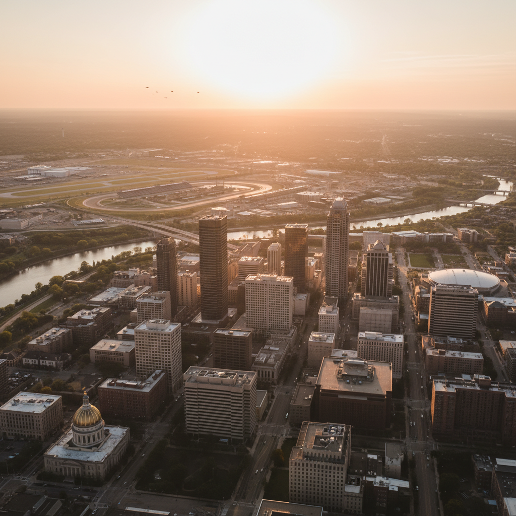 Indianapolis Indiana skyline at golden hour with IMS Motor Speedway in background — motorsport performance and biohacker community