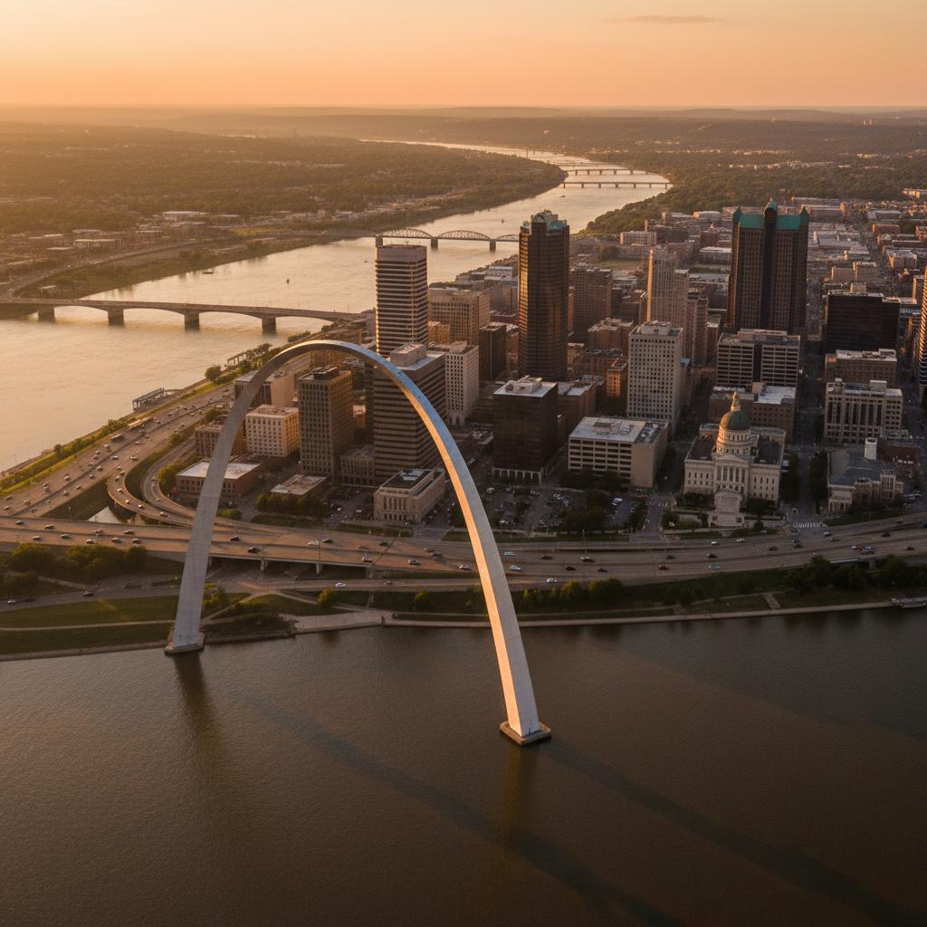 Wichita Kansas skyline at golden hour with the Arkansas River, aviation industry and military wellness community