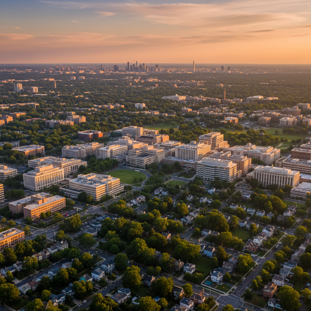 Bethesda Maryland skyline at golden hour near National Institutes of Health campus — biomedical research and longevity community