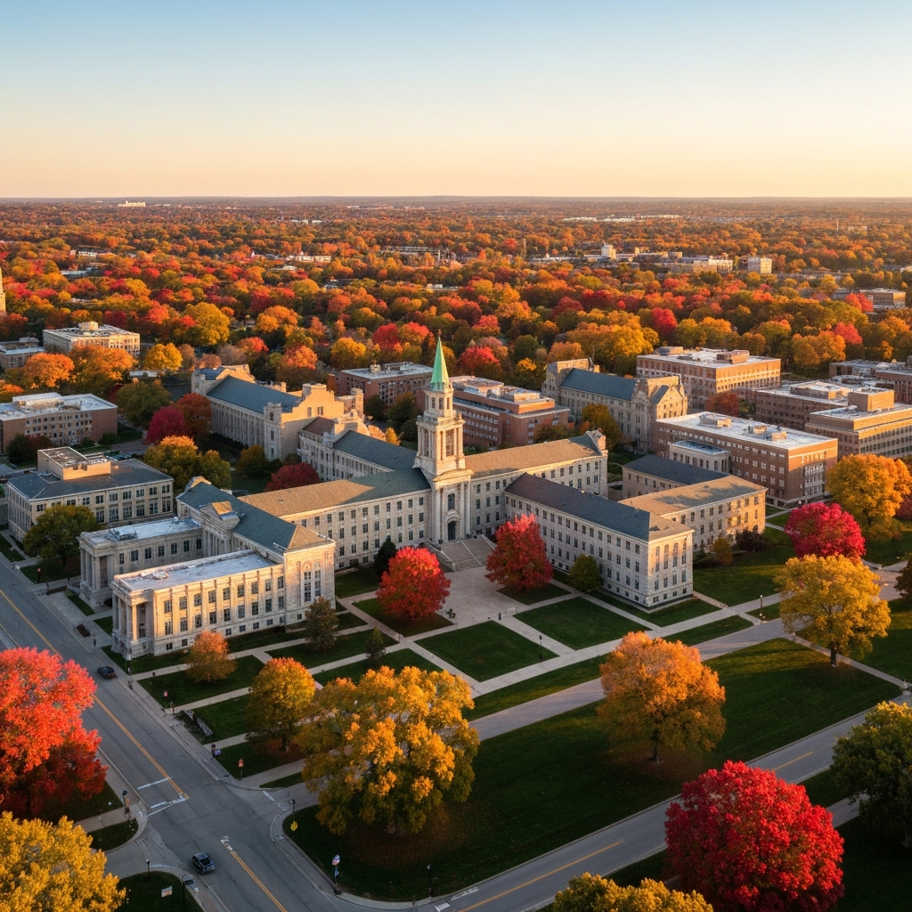 Ann Arbor Michigan skyline at dusk with University of Michigan campus — research university and automotive performance wellness community