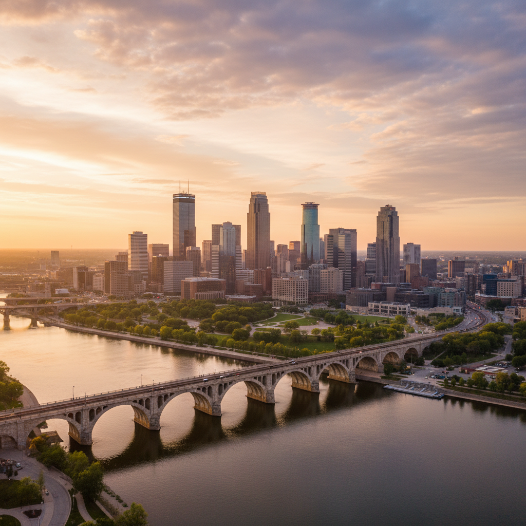Minneapolis Minnesota skyline at golden hour reflecting in the Mississippi River — biohacker wellness and outdoor athlete community