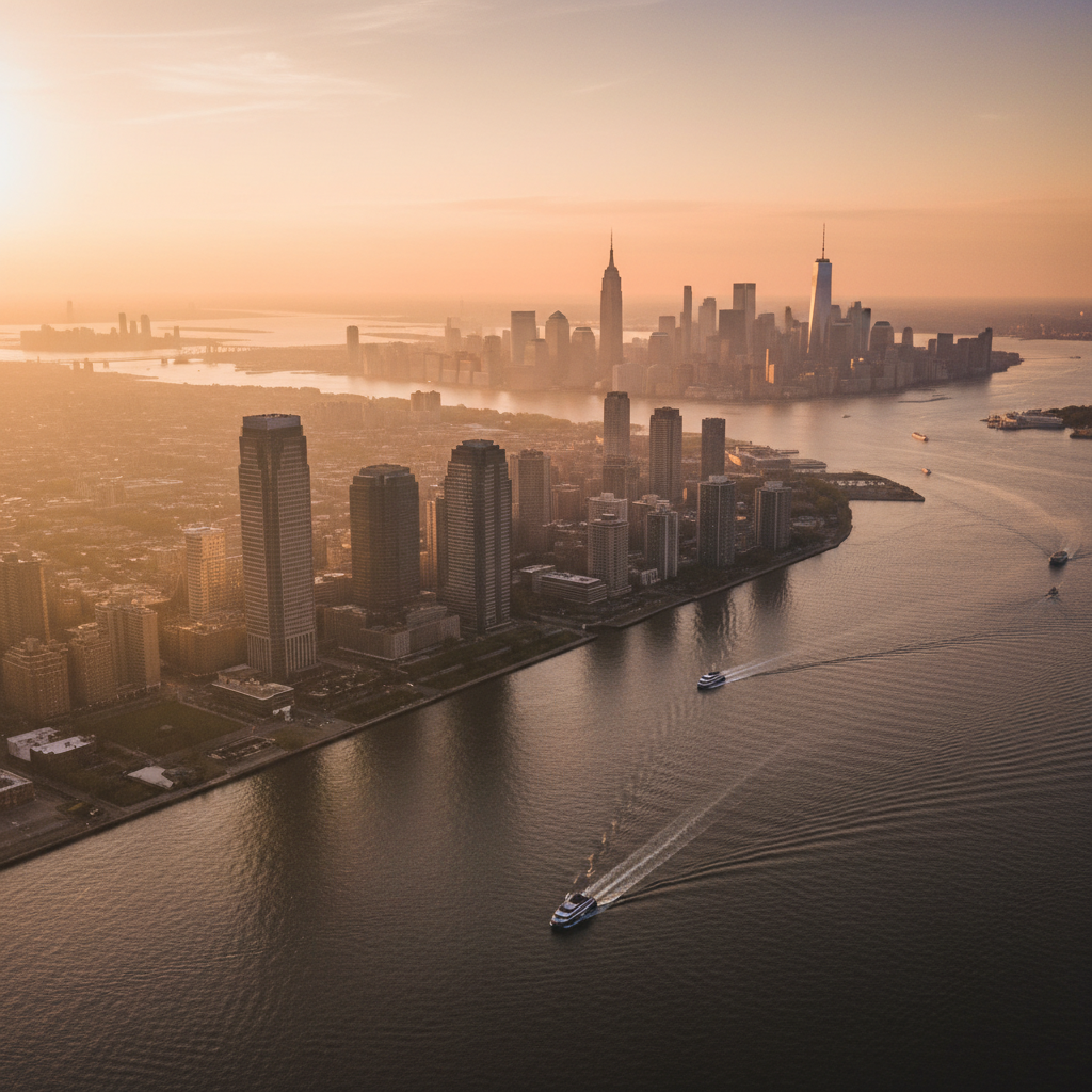 Jersey City New Jersey skyline at golden hour with Manhattan backdrop — pharmaceutical corridor research and biotech community