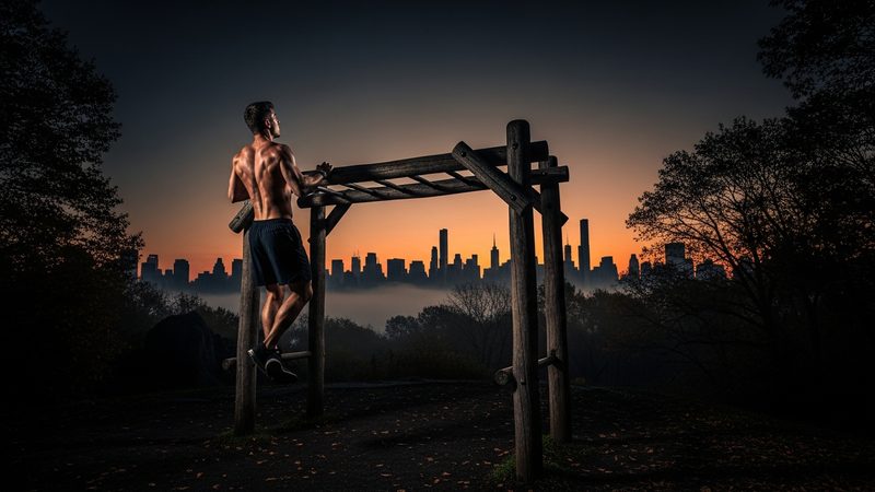Outdoor calisthenics workout with Manhattan skyline at dawn — New York urban health optimization community
