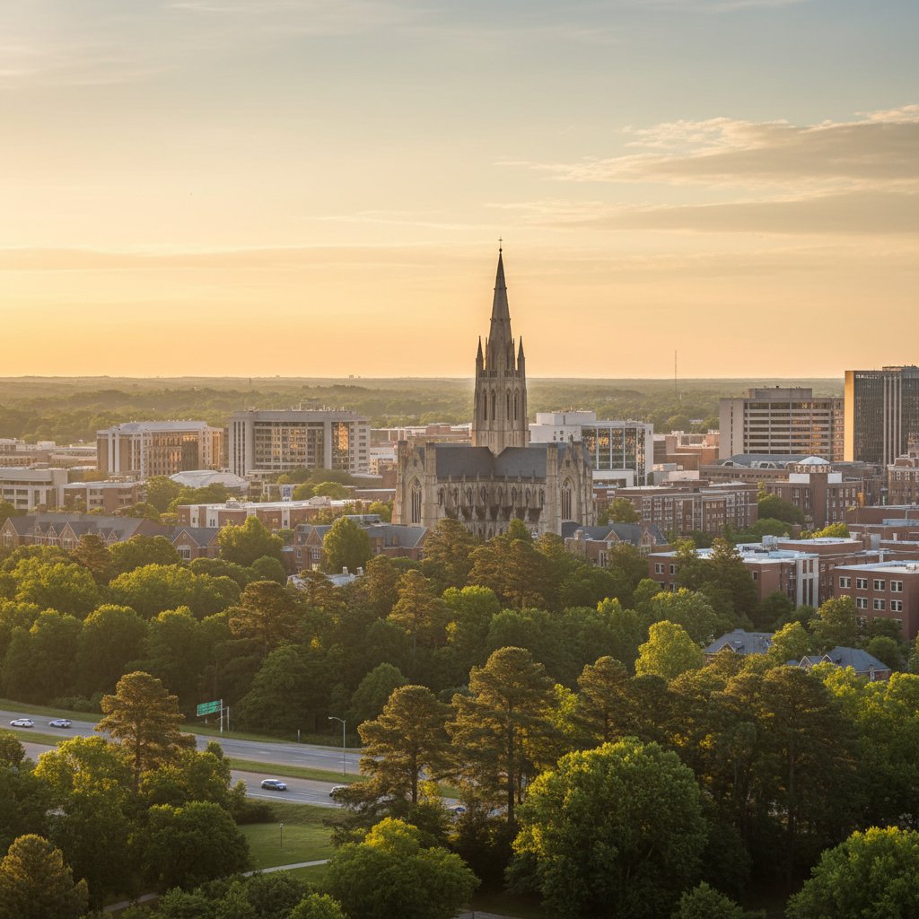 Durham North Carolina Research Triangle skyline — biomedical research and academic wellness community