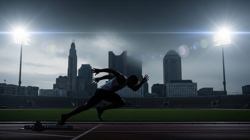 Sprinter on starting blocks with Columbus Ohio skyline in background — Ohio sports and athletics culture