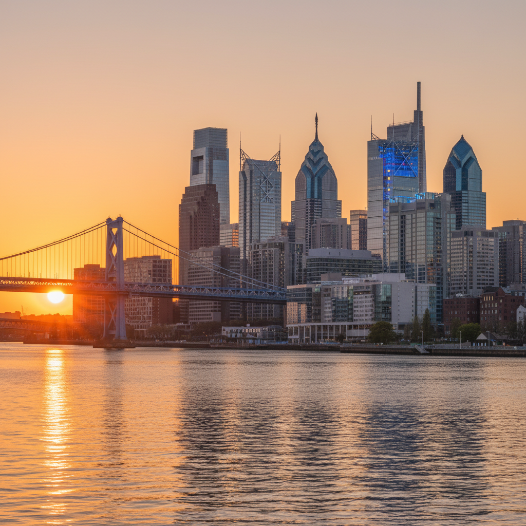 Philadelphia Pennsylvania skyline at sunset with Delaware River — biomedical research hub and pharmaceutical corridor